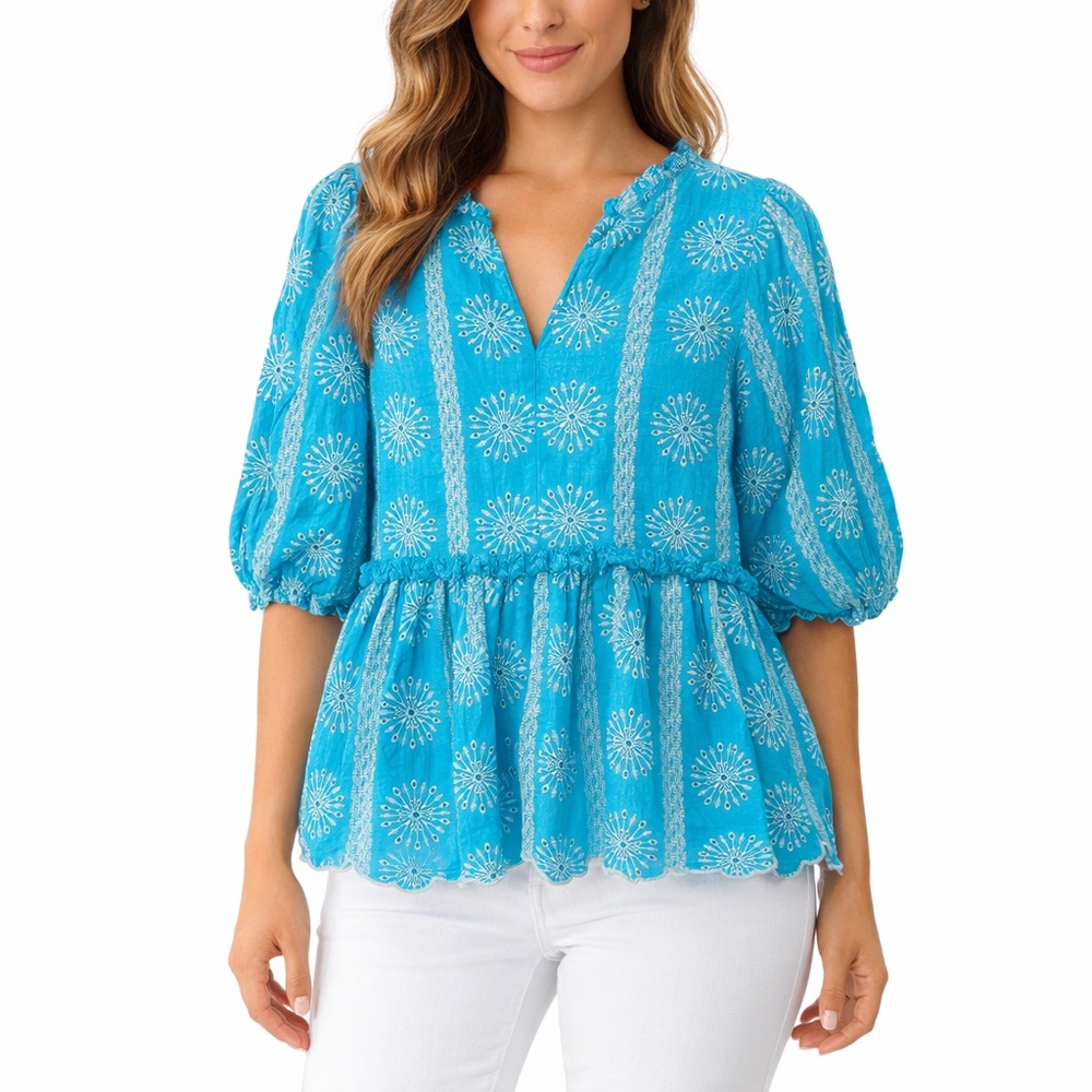 Umgee Turquoise Blue Embroidered Peplum Blouse